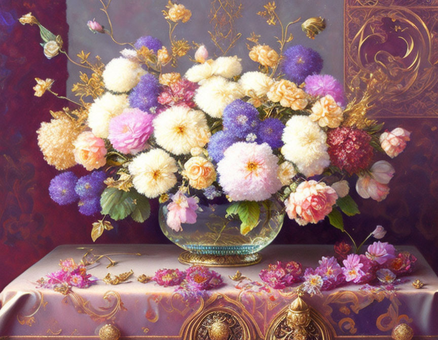 Colorful Flower Bouquet Still Life Painting with Glass Vase and Golden Objects