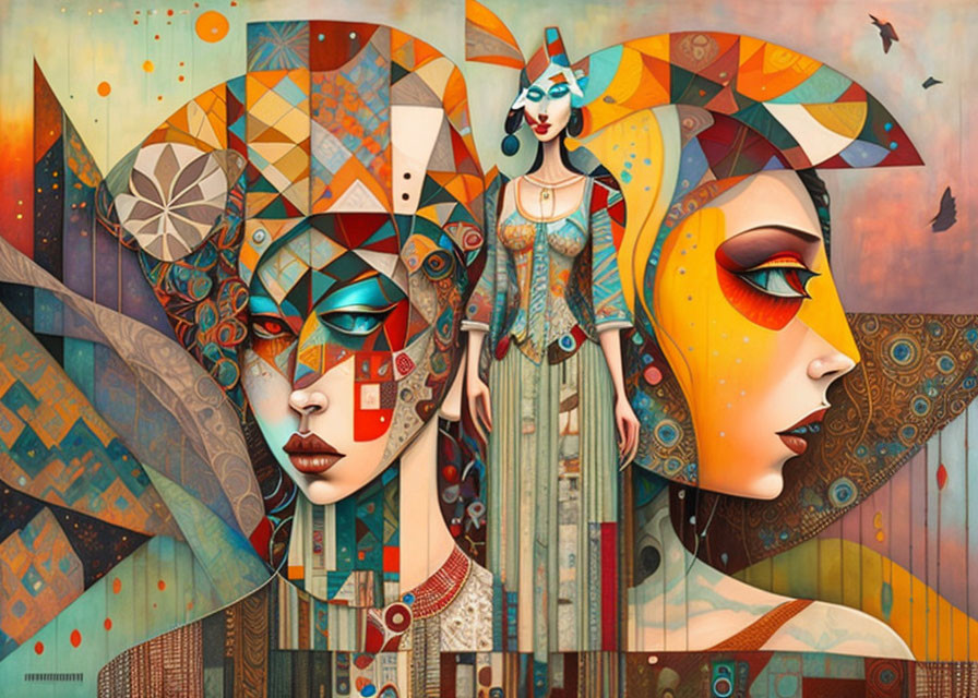 Vibrant cubist-style artwork with three stylized female figures