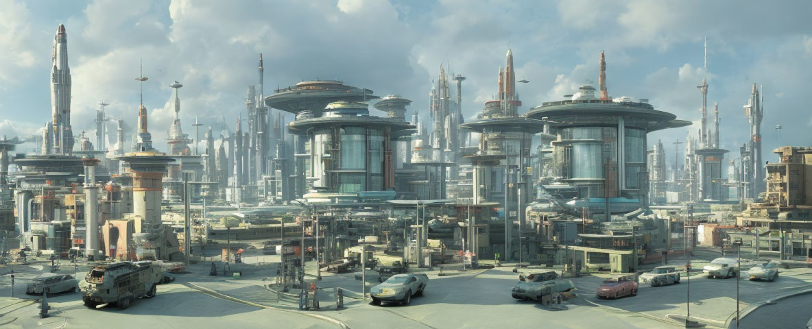 Futuristic cityscape with flying vehicles and skyscrapers
