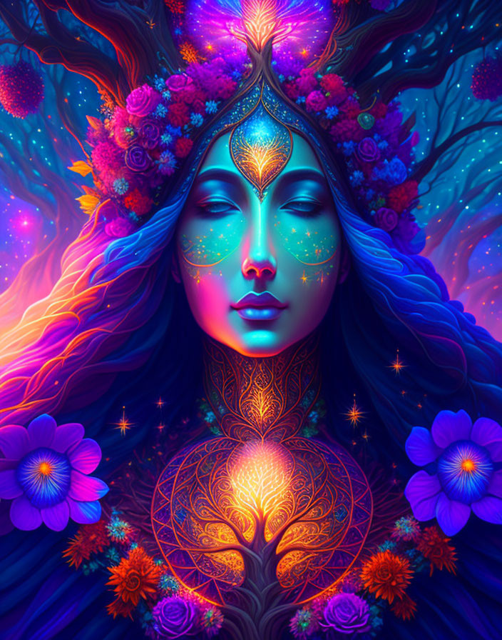 Colorful illustration: Woman with flower crown and golden patterns on face, in starry backdrop