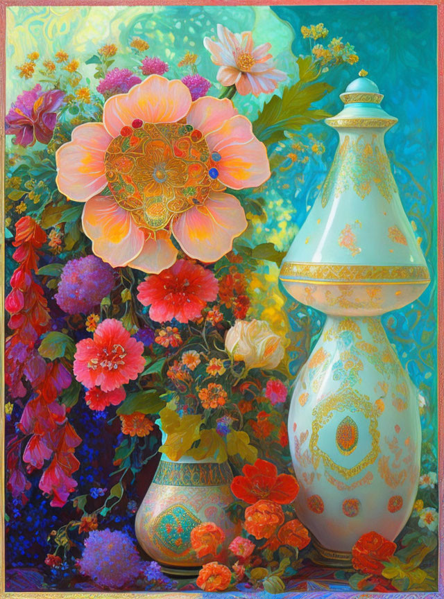 Colorful painting of ornate vase and flowers on textured blue background