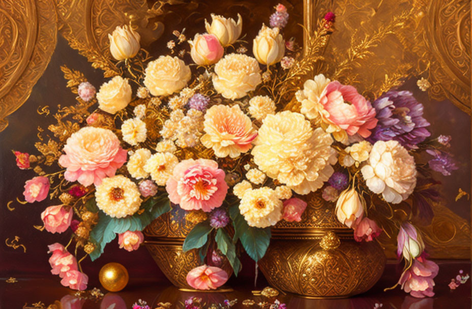 Colorful Floral Bouquet Painting in Golden Vase on Dark Background