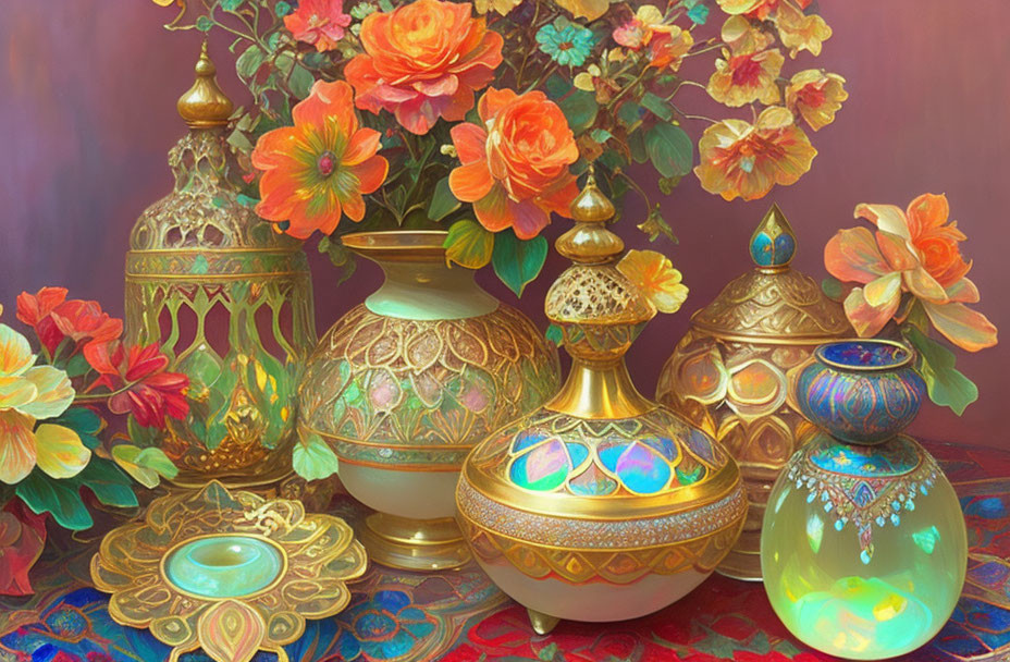 Intricate Gold-Toned Vessels and Lamps Among Orange Flowers