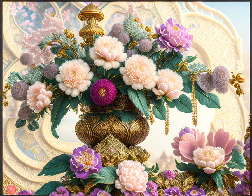 Golden vase with intricate design overflowing with colorful flowers on pastel background