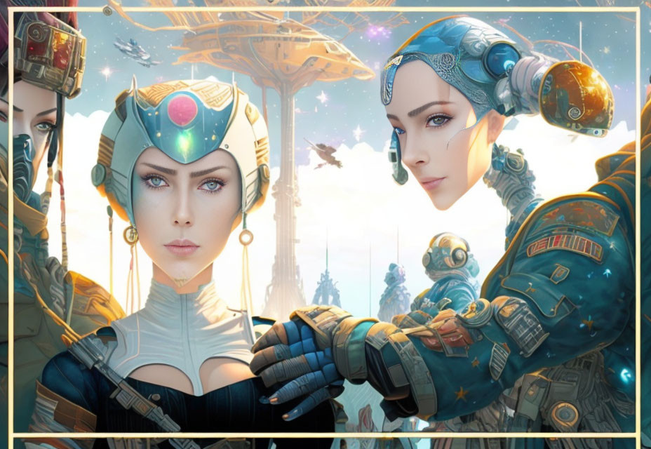 Futuristic female characters in advanced armor with sci-fi backdrop
