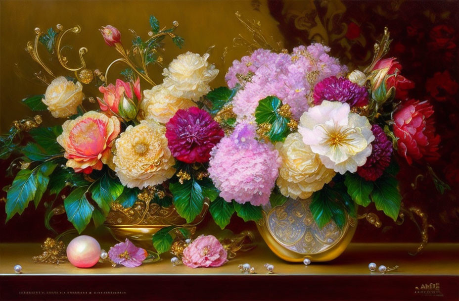 Colorful still-life painting with flowers, pearls, and peach in golden vase