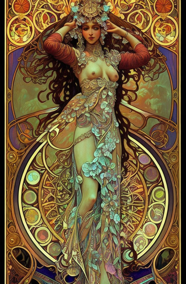 Art Nouveau Woman with Flowing Hair and Ornate Headpiece