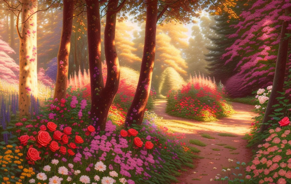Scenic forest path with lush flowers and warm light