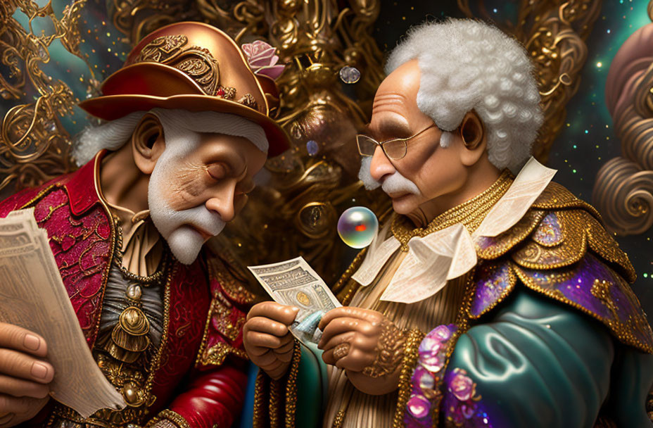 Whimsical Renaissance figures with magnifying glasses on cosmic backdrop