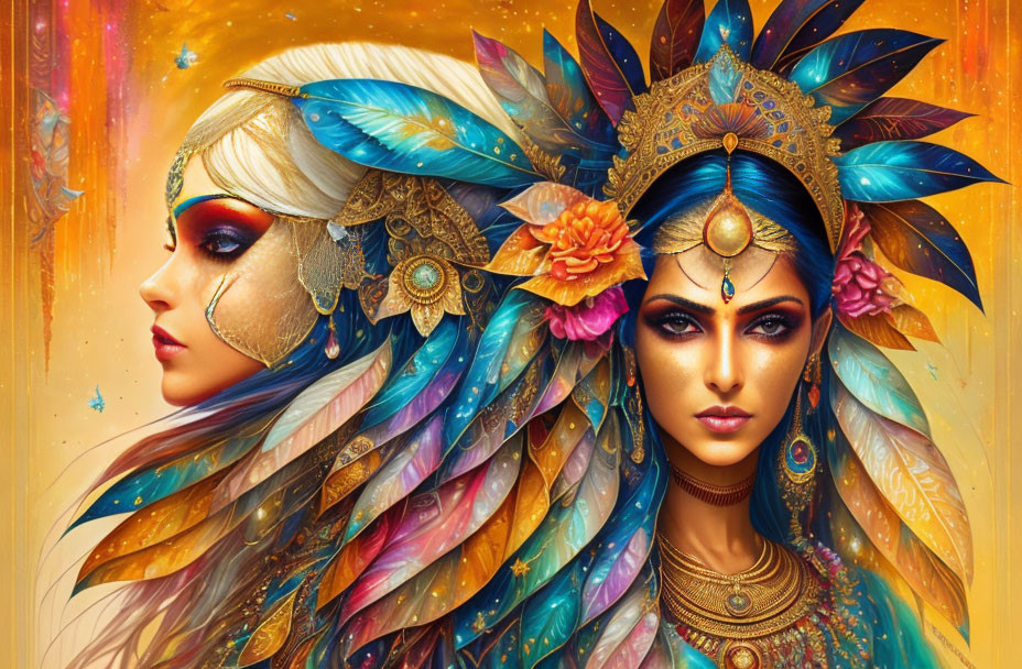 Two women in vibrant headdresses and ornate jewelry on golden backdrop