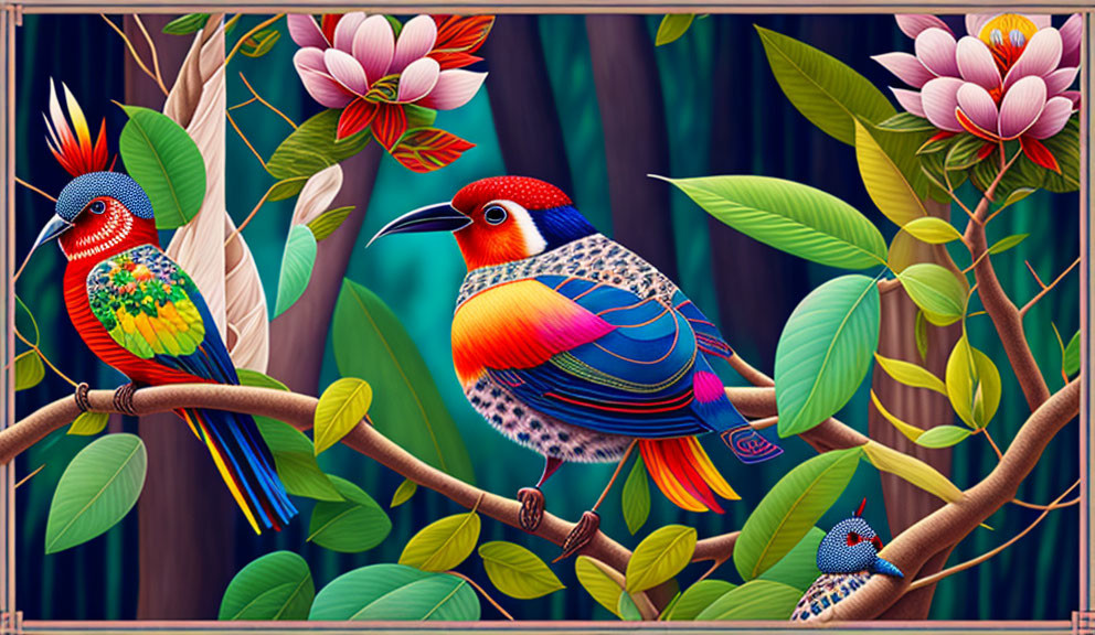 Colorful birds on branches with flowers in dark forest
