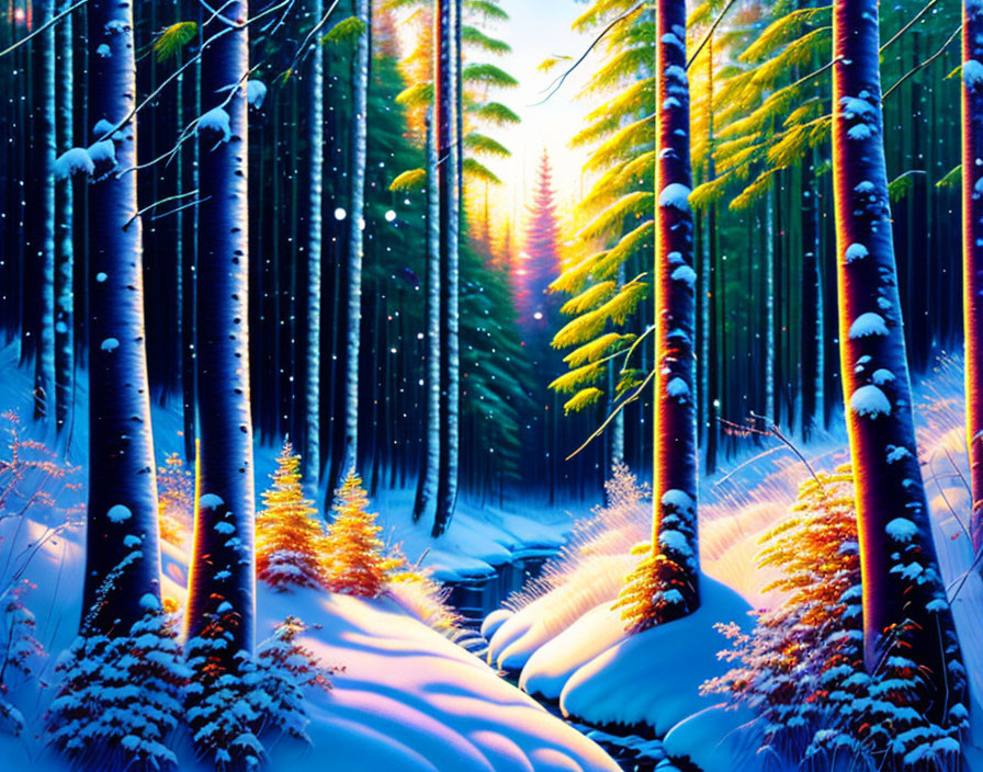 Snow-covered forest painting with tall trees, small path, warm light, snowflakes, pine needles