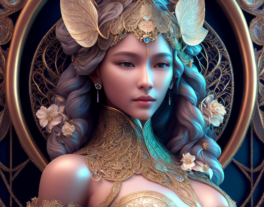 Digital artwork: Woman with gold headpiece & armor, floral & jeweled details on dark background.
