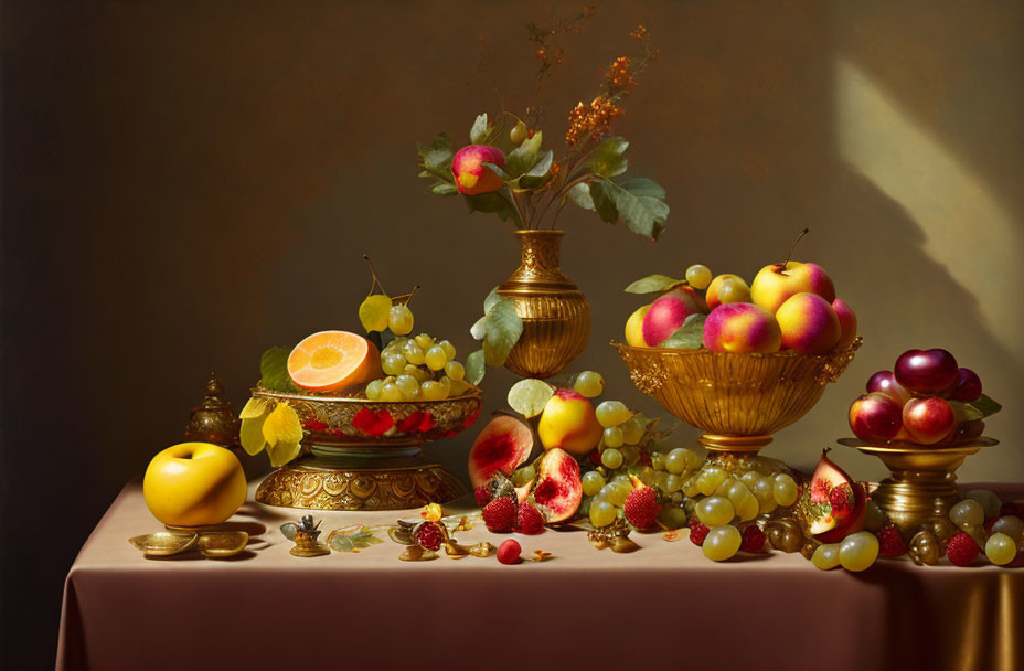 Assorted fruits on golden bowls and plates against dark background