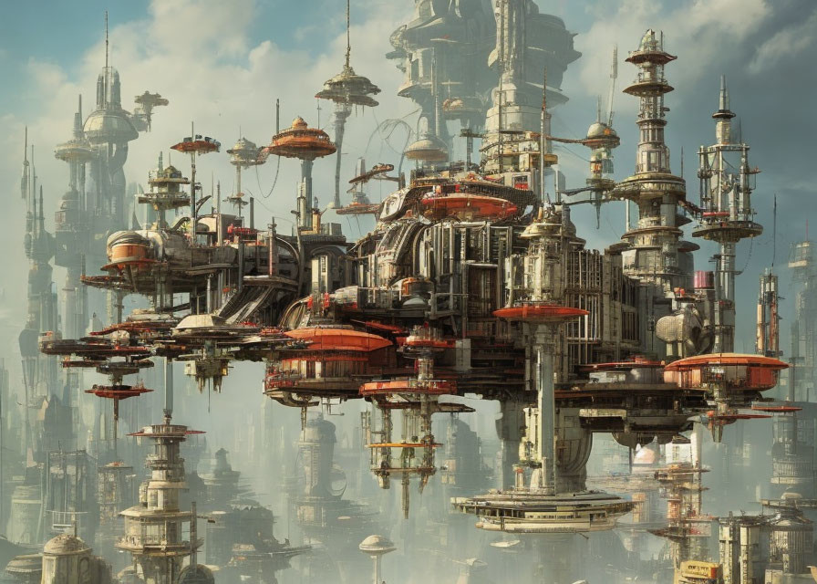 Futuristic cityscape with towering skyscrapers and floating structures