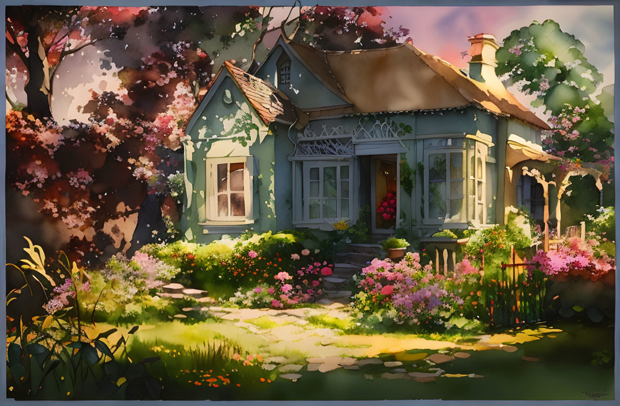 Charming cottage in lush garden under soft sunlight