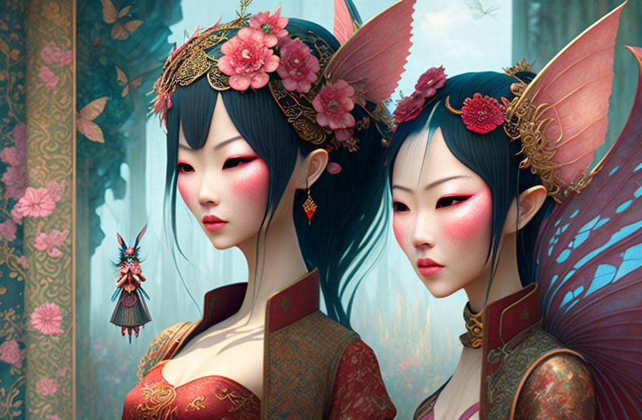 Ethereal fairy-like characters in Asian-inspired attire with delicate wings and floral headpieces