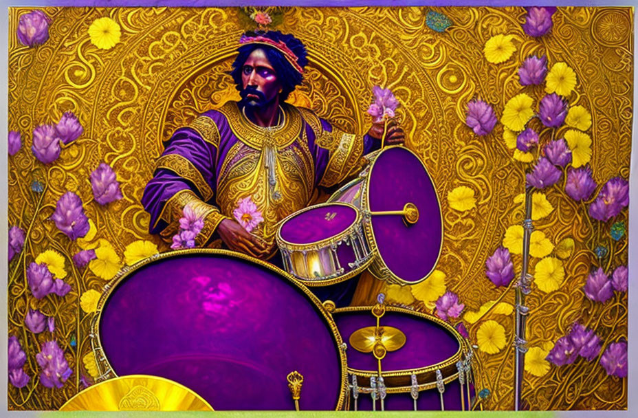 Regal Figure in Purple and Gold Attire Playing Drums on Floral Background