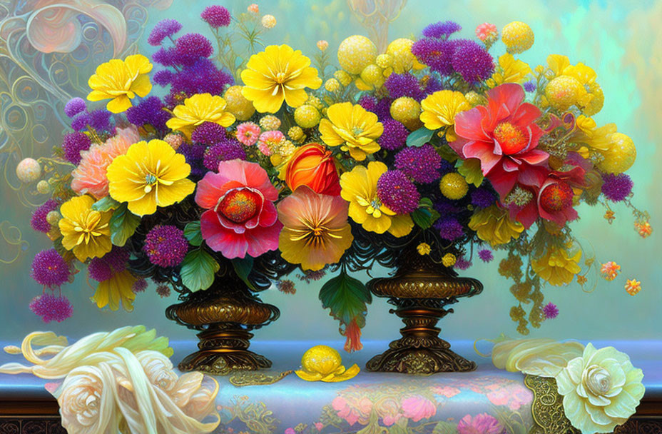 Colorful Floral Arrangement in Bronze Vases on Pastel Background