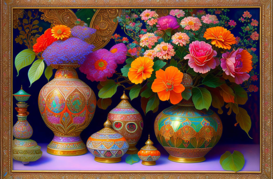 Intricately patterned vases and vibrant bouquet on blue background