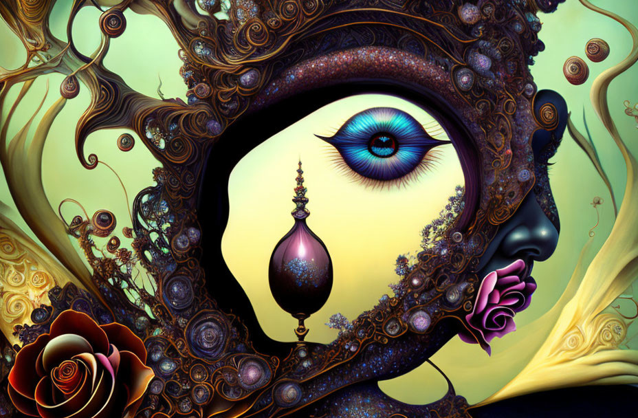Intricate surreal artwork: woman's silhouette, eye, ornament, rose