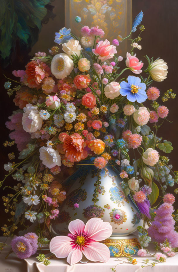 Colorful Flower Arrangement in Ornate Vase on Dark Background