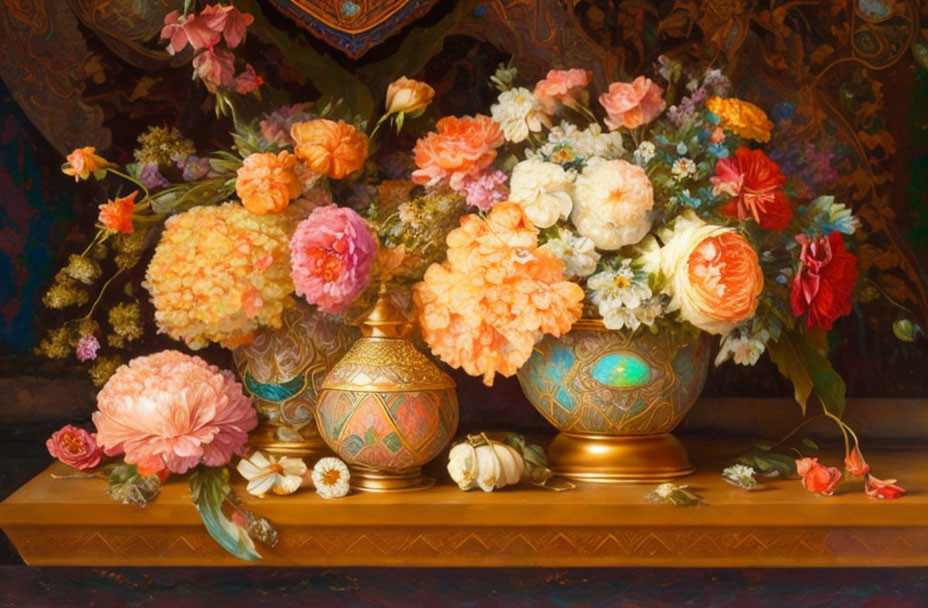 Colorful Still Life Painting of Flowers in Vases