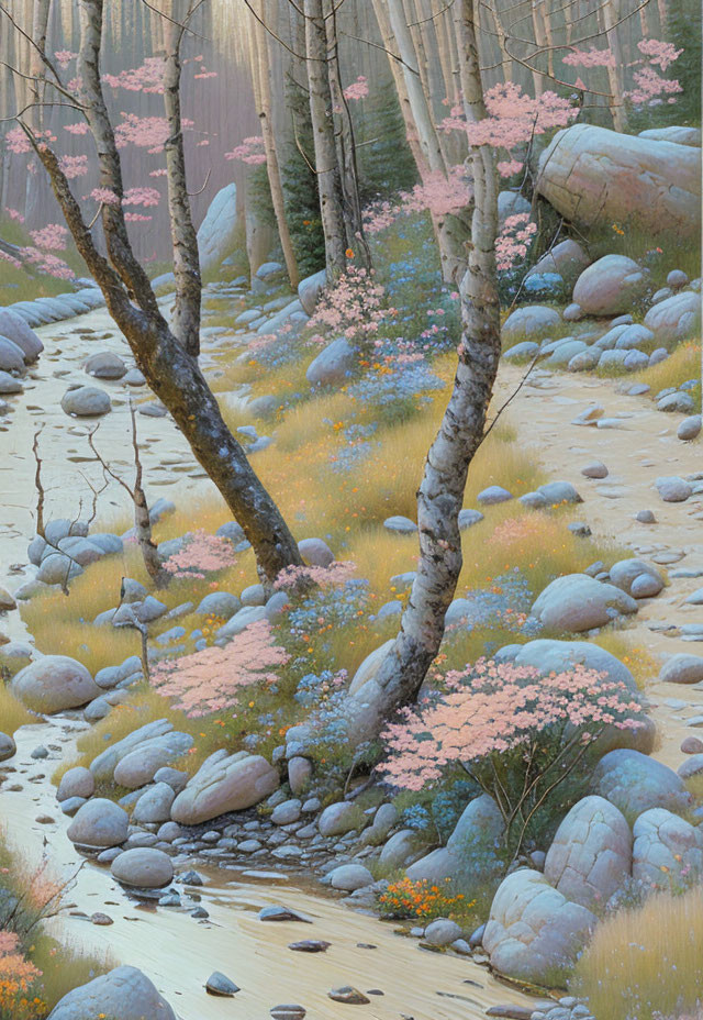 Tranquil forest landscape with pink flowering trees and meandering path