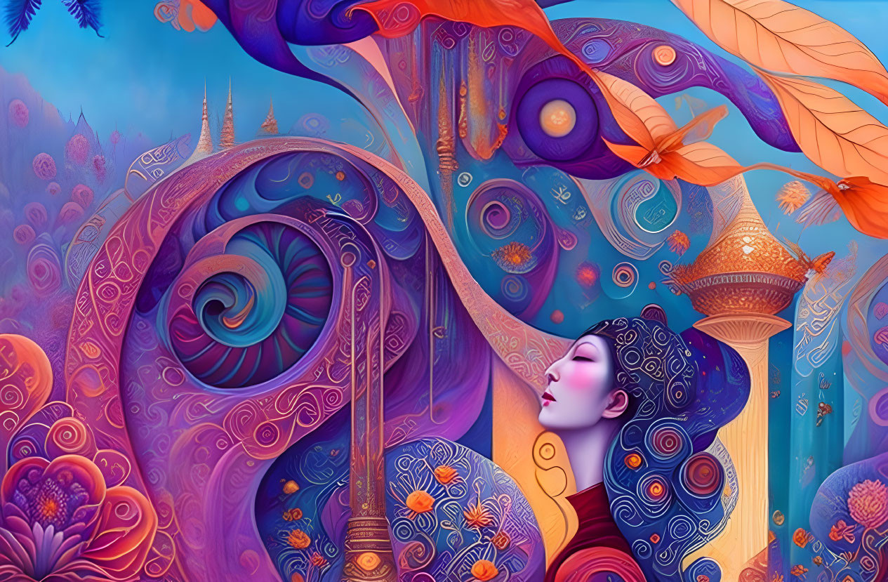 Colorful fantasy illustration of a woman with intricate patterns and whimsical architecture.