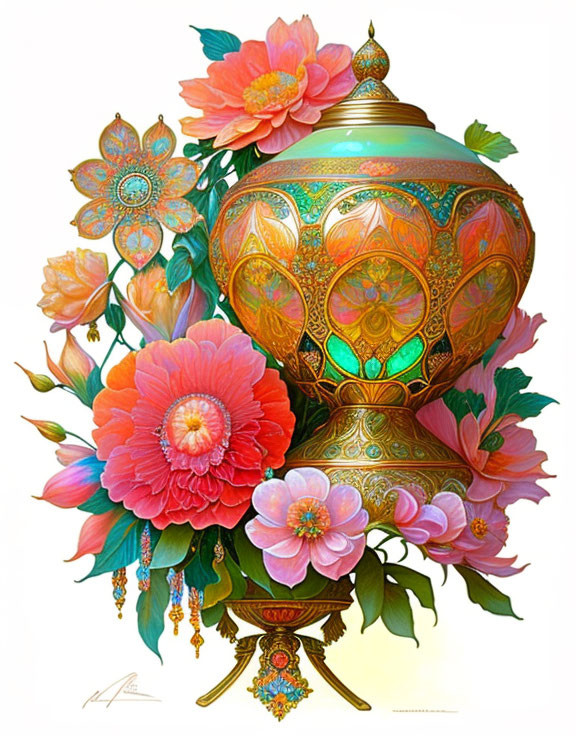 Jewel-toned vase with intricate designs and blooming pink and orange flowers