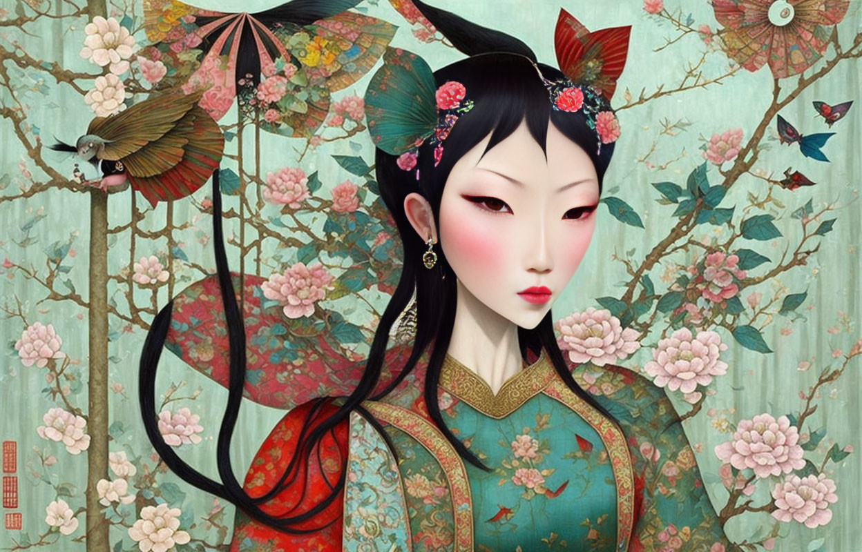 Illustrated Asian woman in traditional attire with floral backdrop and bird