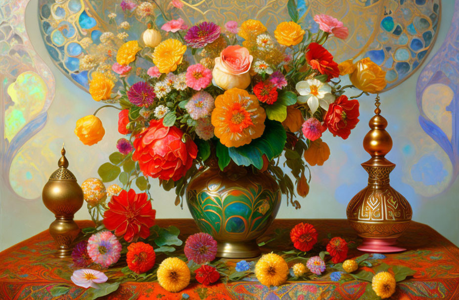 Assorted Flowers Bouquet in Decorative Vase with Golden Vessels