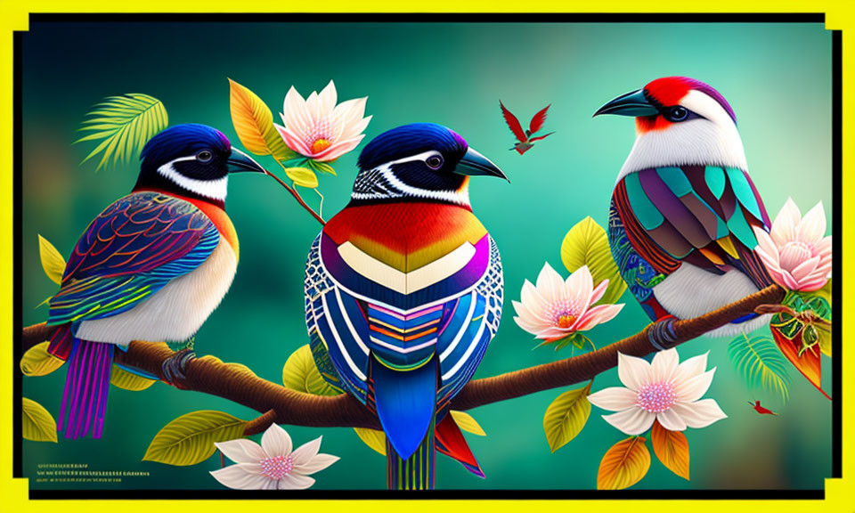 Colorful birds, flowers, butterfly on branch against teal background