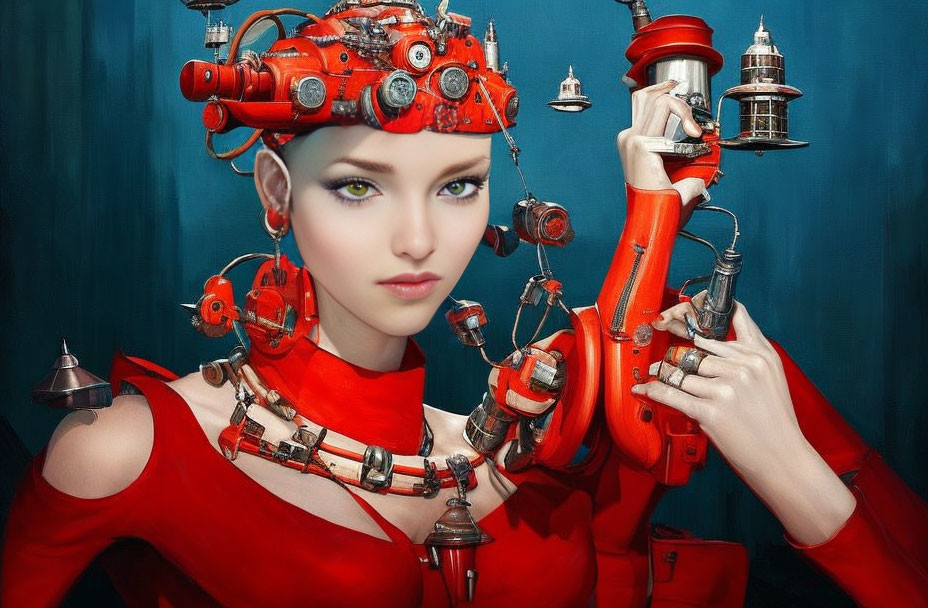 Female Cyberpunk Figure in Red Outfit with Mechanical Headpiece on Blue Background