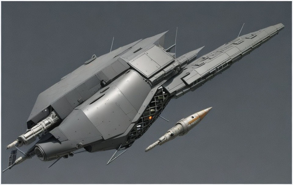 Angular Spaceship with Extended Wings and Rocket Launching Against Grey Background