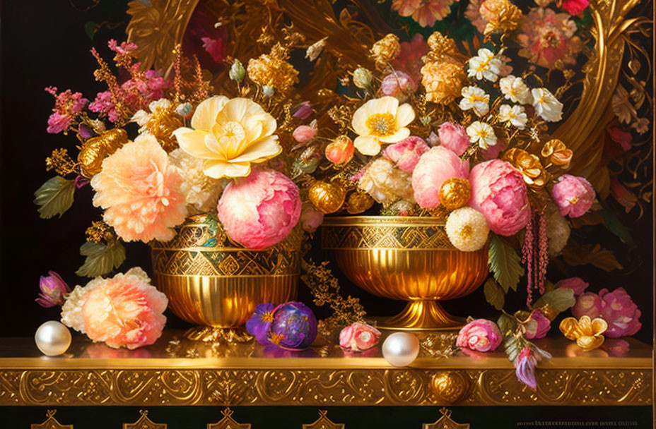 Vibrant multicolored flowers in golden bowls with pearls and gemstones on dark background