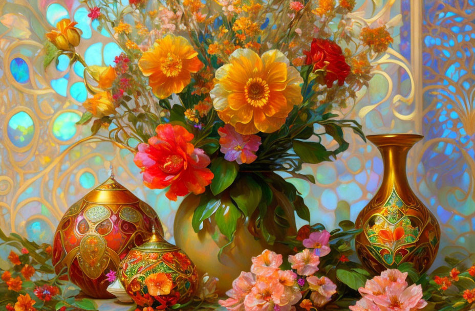 Colorful Still Life: Orange and Pink Flowers, Decorated Eggs, and Golden Vases