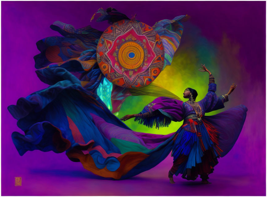 Colorful traditional attire dancer twirls against vibrant backdrop