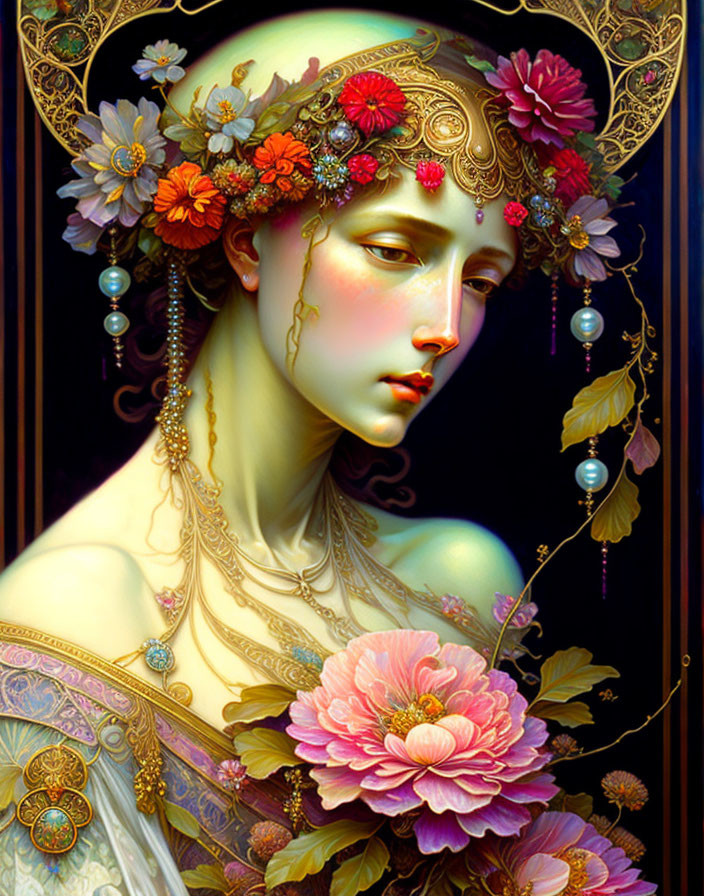 Detailed portrait of woman with floral crown and golden jewelry amidst blooming flowers on dark backdrop