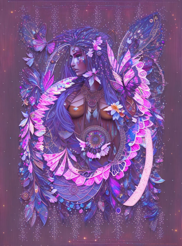 Mystical elfin figure with vibrant wings and floral elements on purple background