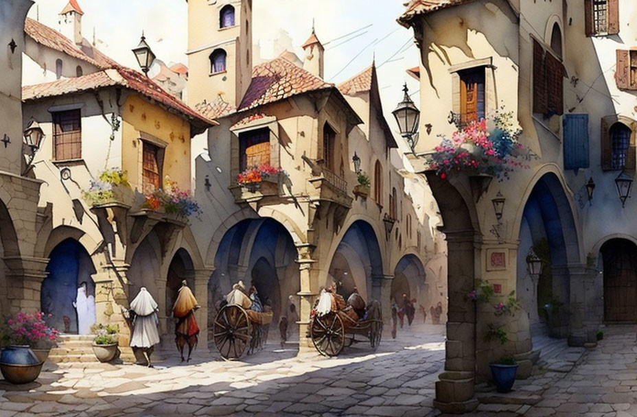 Medieval street scene with stone buildings, flowers, and people.