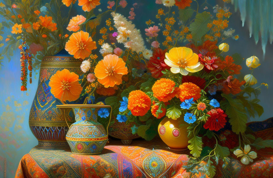 Colorful floral bouquet in ornate vases on intricate textile, creating a warm ambiance.