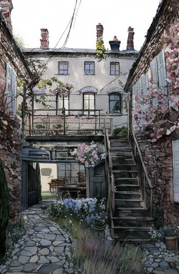 Vintage multi-level home with pink flowers, balconies, stone pathway, and wooden staircase
