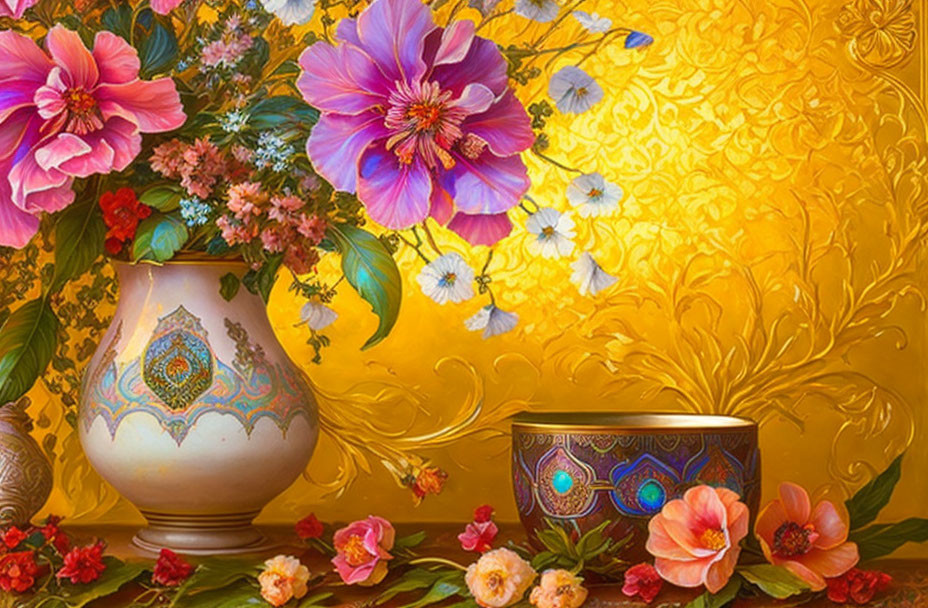 Colorful Still Life with Decorated Vase, Bowl, and Flowers on Golden Background