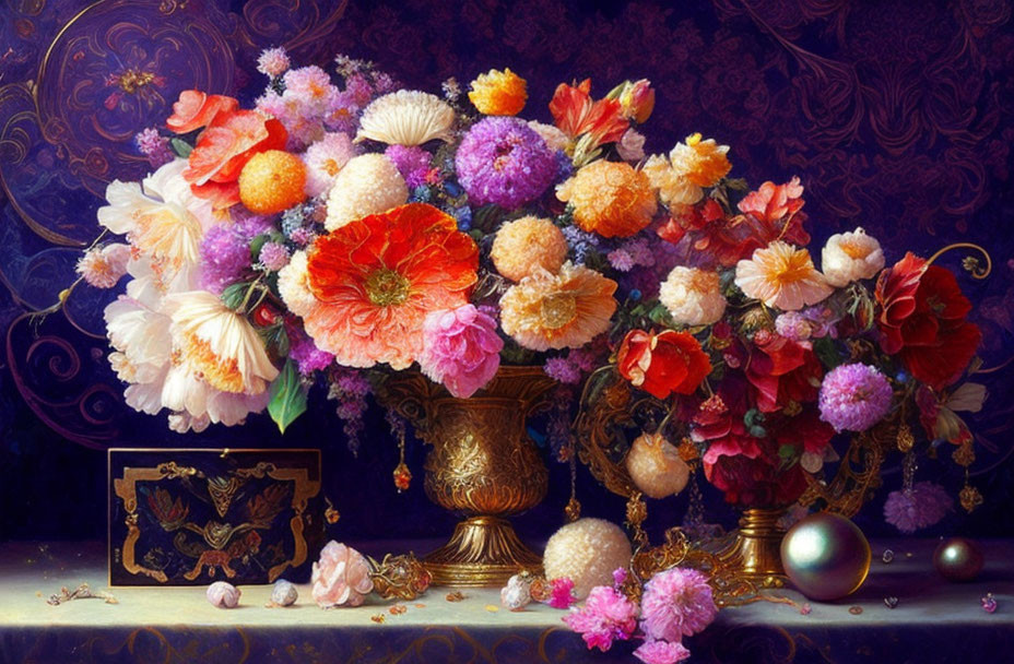 Colorful Mixed Flower Arrangement in Golden Vase on Textured Blue Background