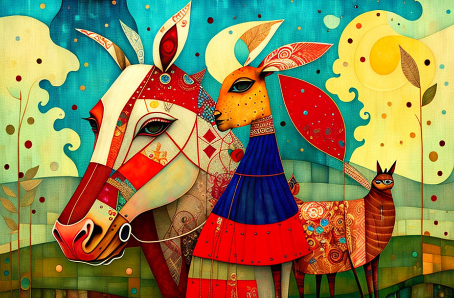 Colorful horse and llama artwork with intricate patterns and blue ethnic figure in whimsical setting