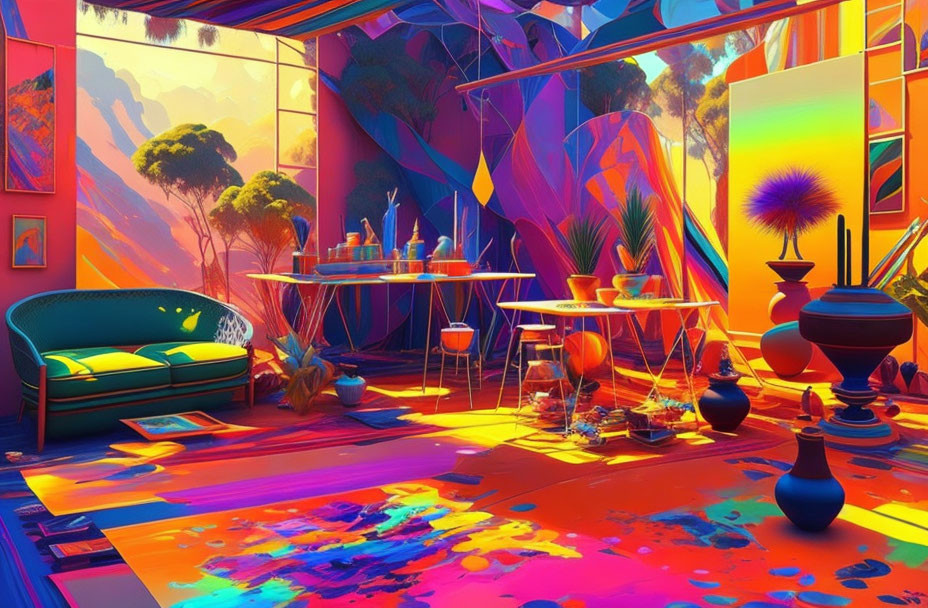 Colorful psychedelic room with modern furniture and abstract art