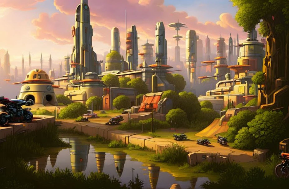 Futuristic cityscape with tall buildings, flying cars, and lush greenery