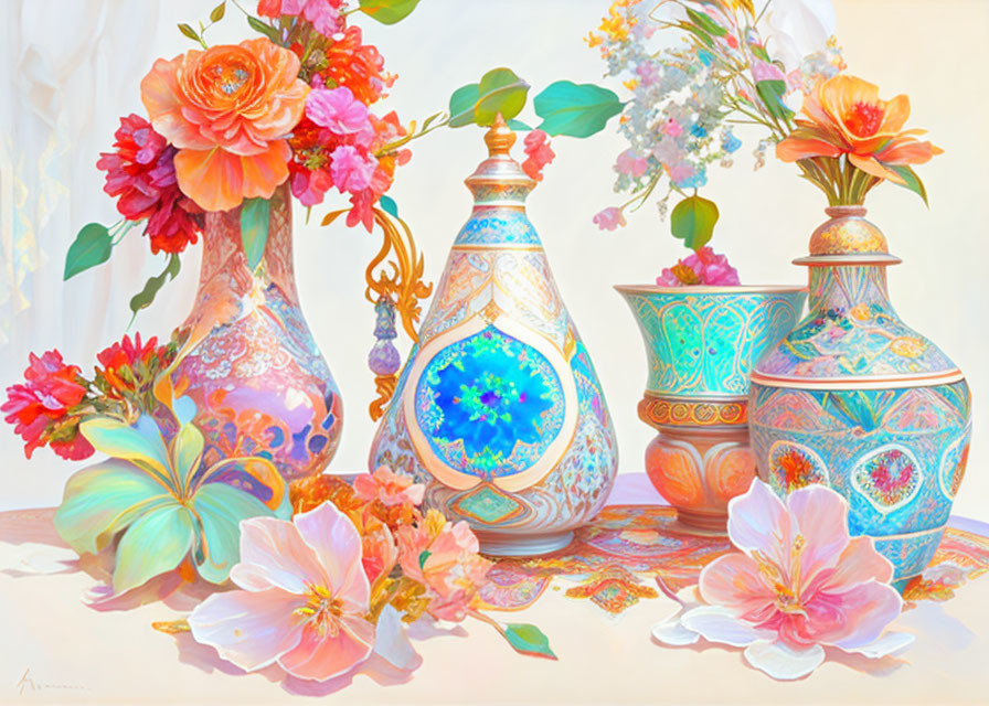 Colorful Still Life Painting of Ornate Vases and Lush Flowers