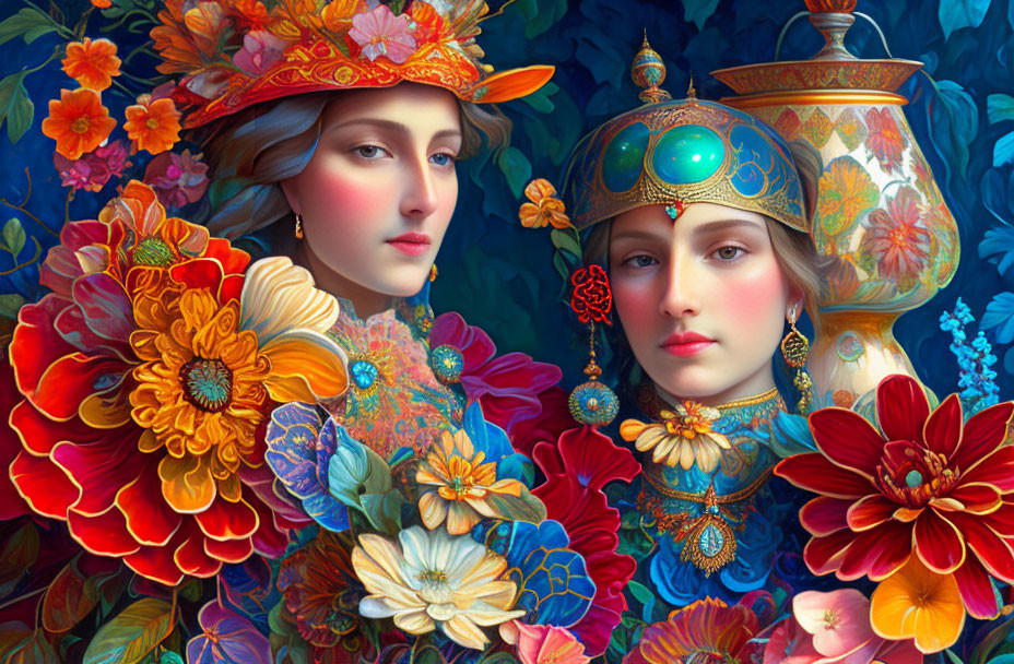 Two Women Adorned with Floral and Jeweled Accessories in Front of Vibrant Flower Background